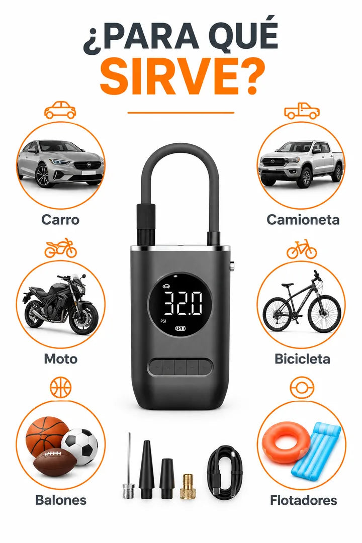 Sirve para carro, camioneta, moto, bicicleta, balones y flotadores