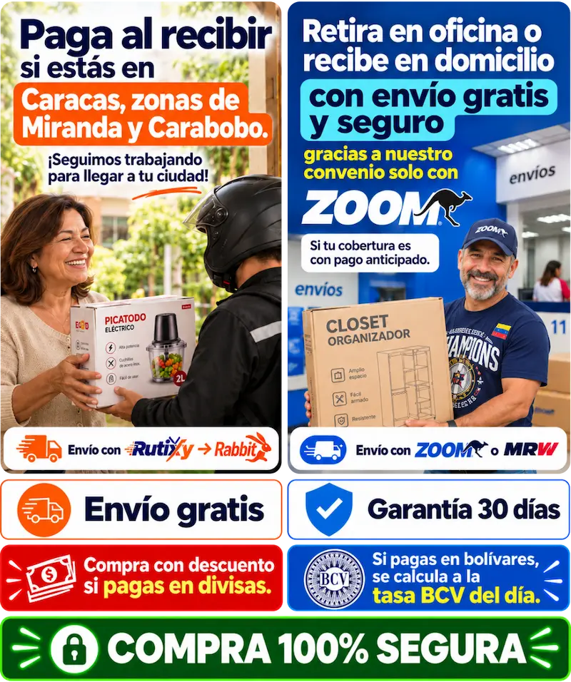 Pago al recibir en Caracas, Miranda y Carabobo, envío gratis, garantía de 30 días, descuento en divisas y compra 100% segura