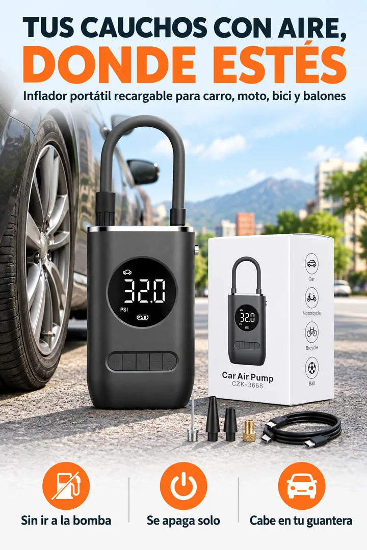 Inflador portátil recargable junto a su caja, con sus boquillas
