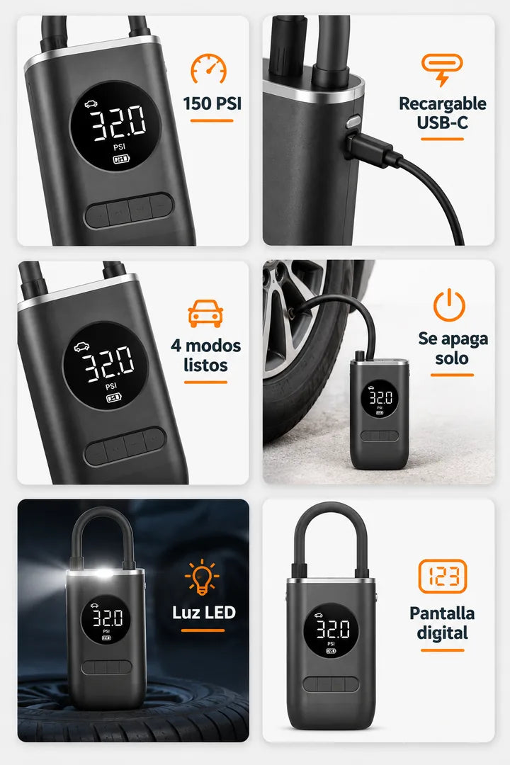 150 PSI, recargable USB-C, 4 modos, se apaga solo, luz LED y pantalla digital