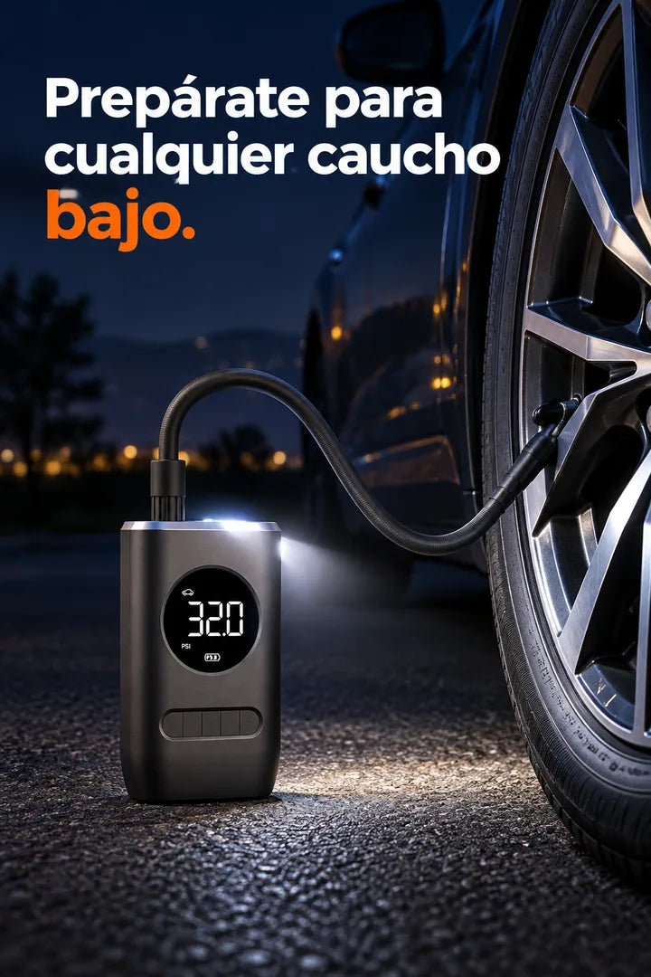 El inflador con su luz LED encendida en un caucho de noche