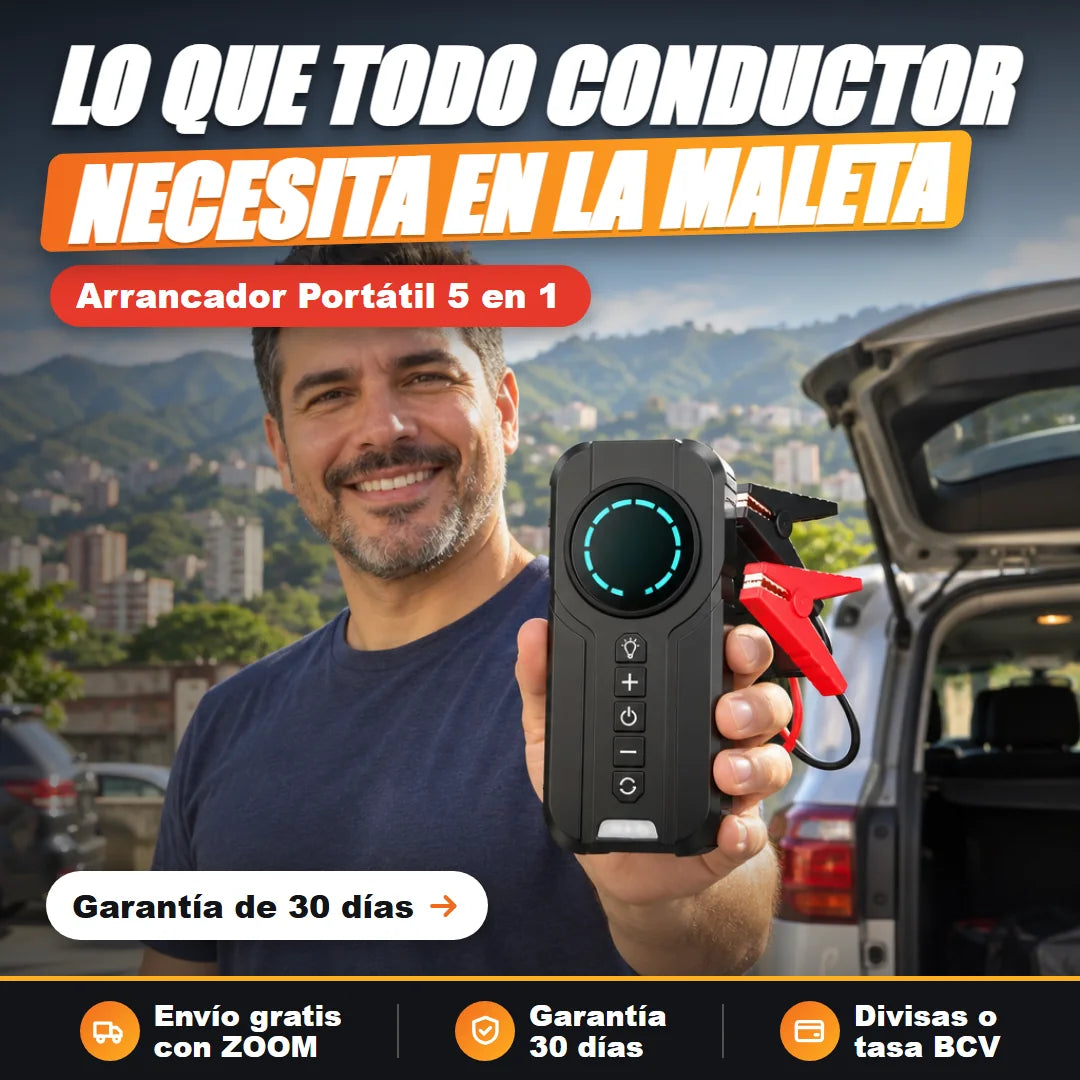 Arrancador Portátil 5 en 1 en la mano de un conductor