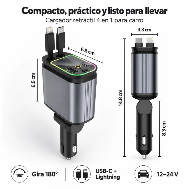 Cargador 4 en 1 para Carro: carga iPhone, Android y más sin volver a llenar tu carro de cables