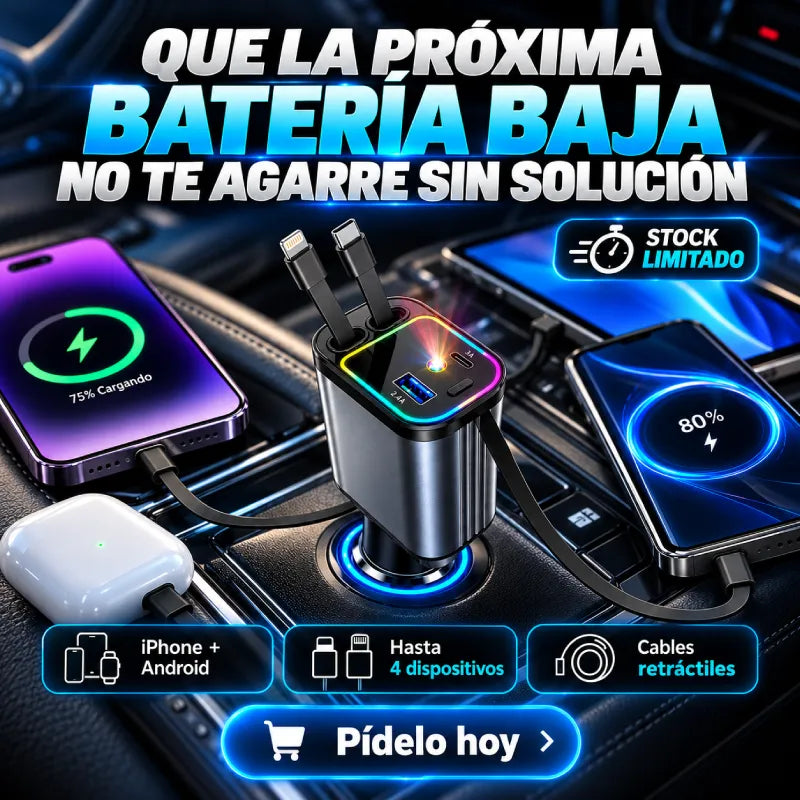 Cargador 4 en 1 para Carro: carga iPhone, Android y más sin volver a llenar tu carro de cables
