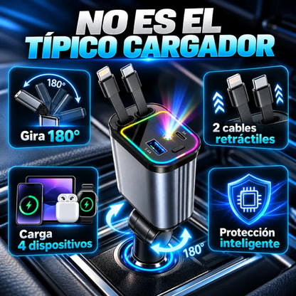 Cargador 4 en 1 para Carro: carga iPhone, Android y más sin volver a llenar tu carro de cables
