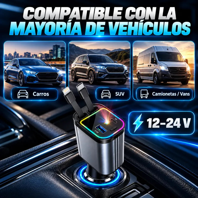 Cargador 4 en 1 para Carro: carga iPhone, Android y más sin volver a llenar tu carro de cables