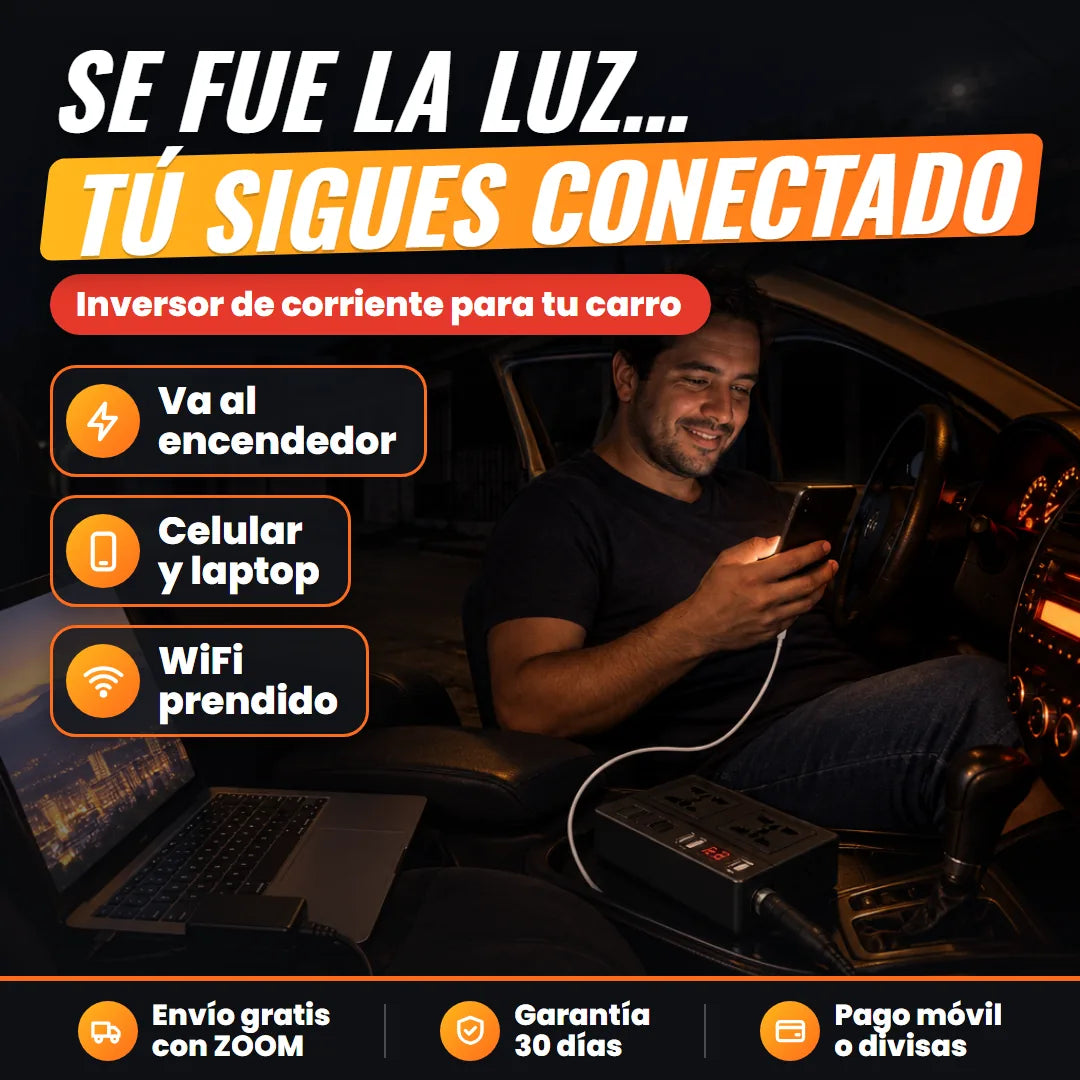 Hombre cargando su celular y su laptop en el carro durante un apagón