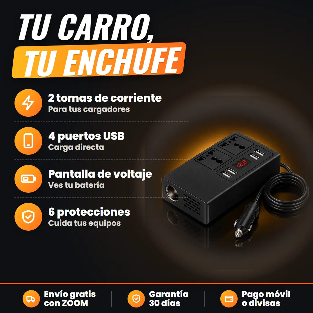 El inversor con sus 2 tomas, 4 puertos USB y pantalla de voltaje
