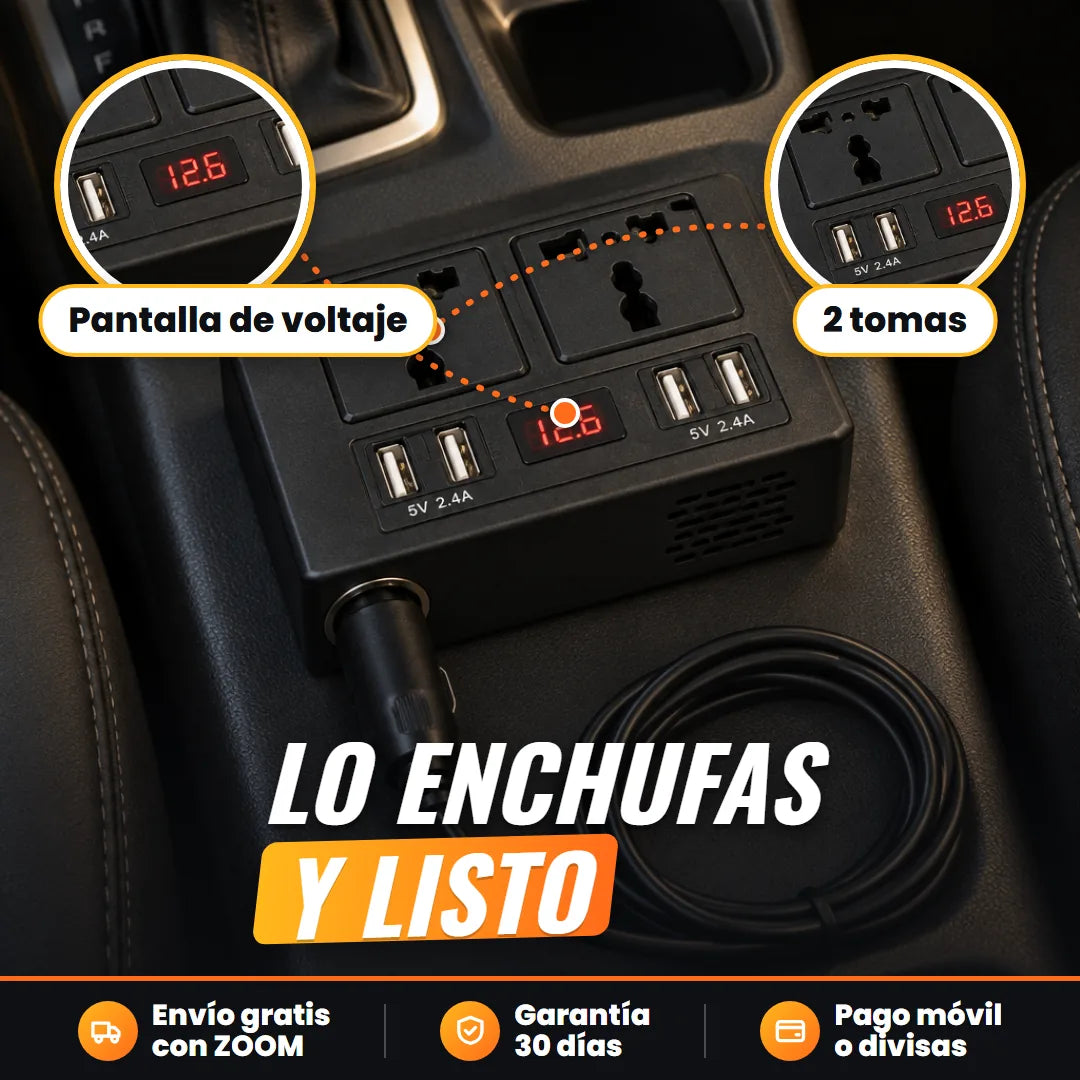El inversor conectado al encendedor con la pantalla encendida
