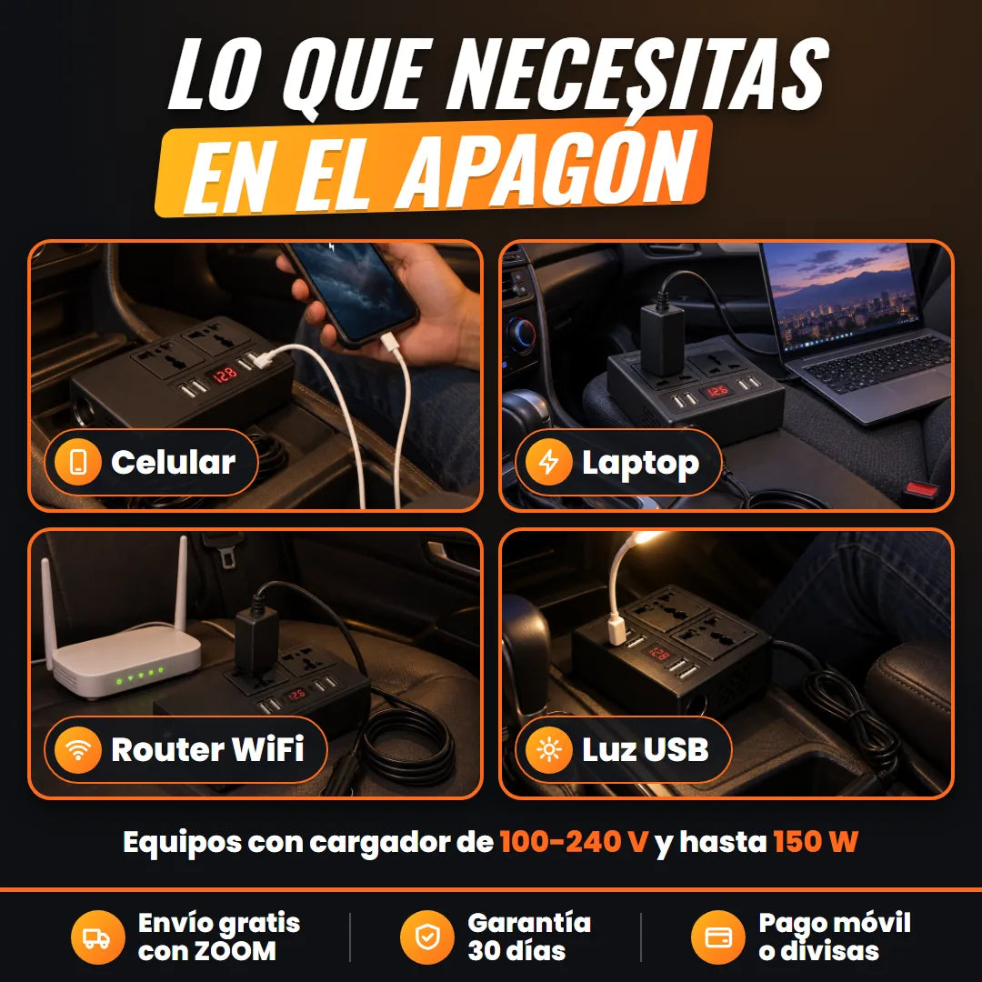 Celular, laptop, router y luz USB conectados al inversor