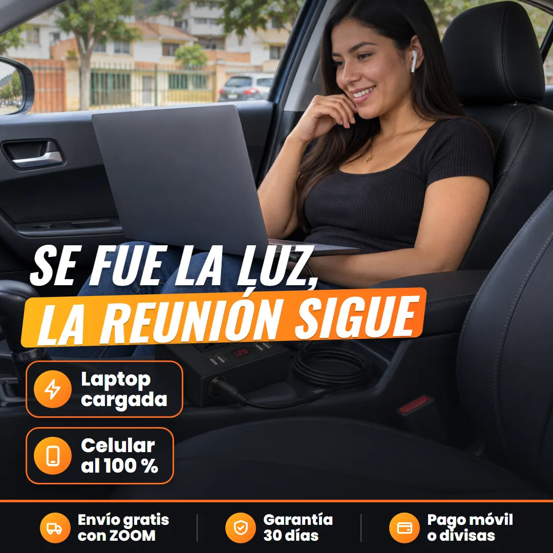 Mujer en videollamada con su laptop cargando en el carro estacionado