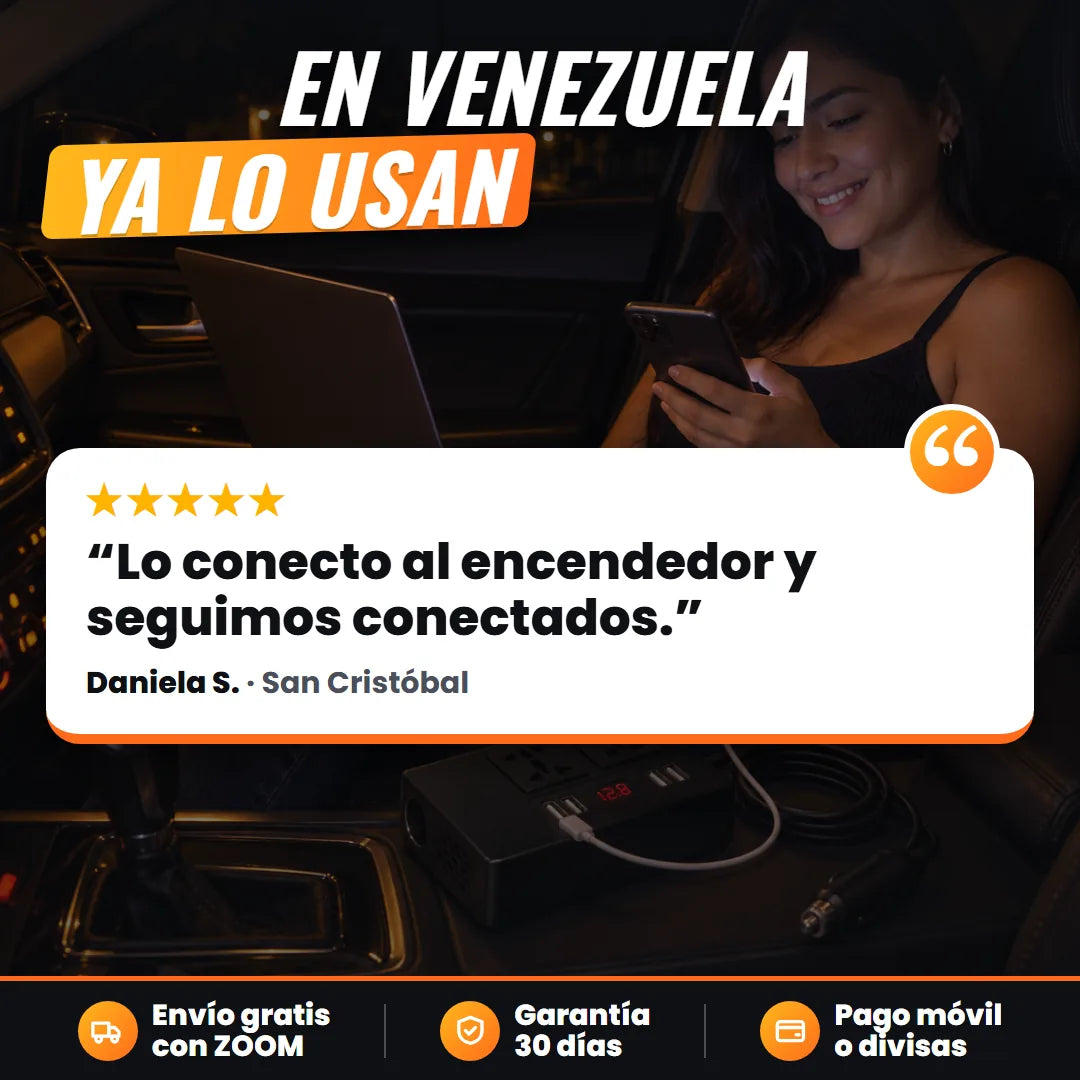 Cliente cargando su celular con el inversor en su carro