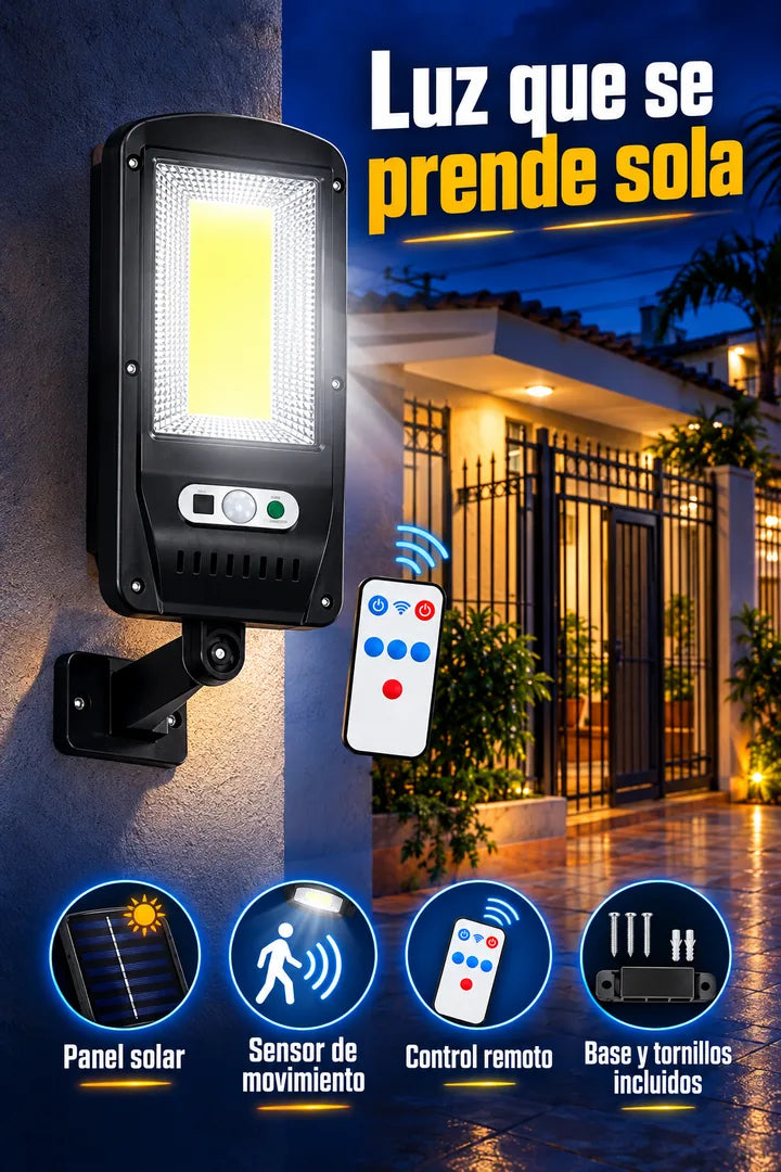 Lámpara solar con panel solar, sensor de movimiento, control remoto, base y tornillos