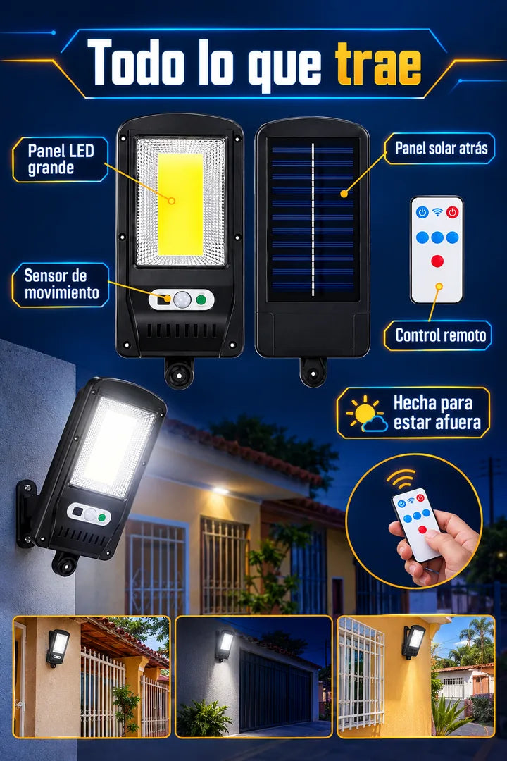 Todo lo que trae: panel LED, sensor de movimiento, panel solar y control remoto