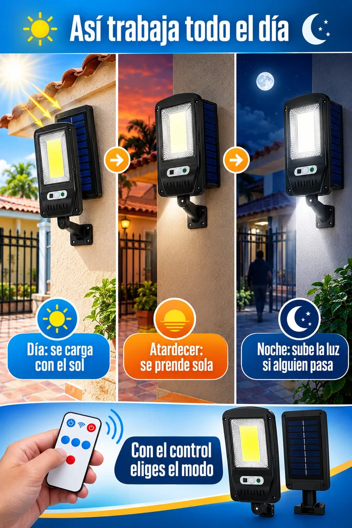 Así trabaja todo el día: se carga, se prende al atardecer y sube la luz si alguien pasa